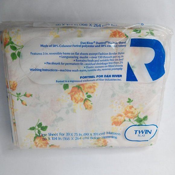 Vintage Dan River Twin Flat Sheet White Yellow Roses No Iron Fortrel 66x104 READ - Picture 2 of 9